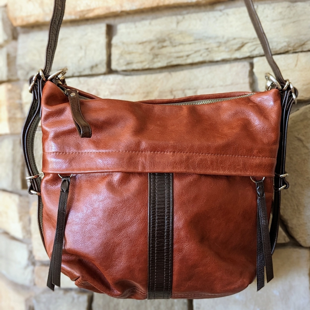 Rough & Rumble double zip hobo, redwood denim, small, painted amber lining
